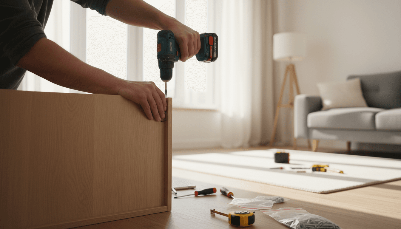 Professional hands tightening a screw on a cabinet