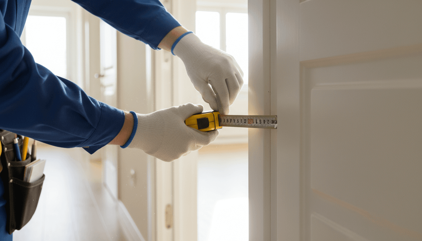 Technician measuring a door frame with a tape measure