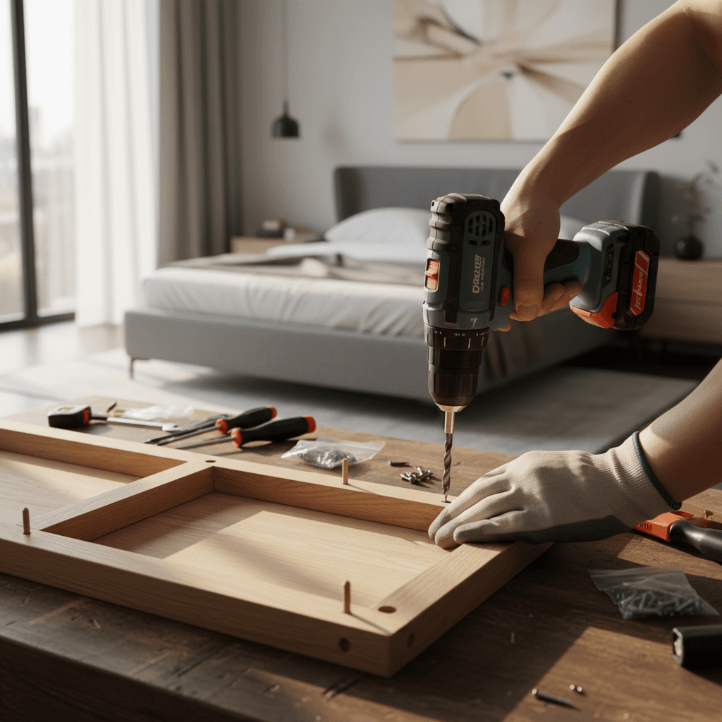 Professional furniture installer tightening screws on a wooden frame in a sunlit room