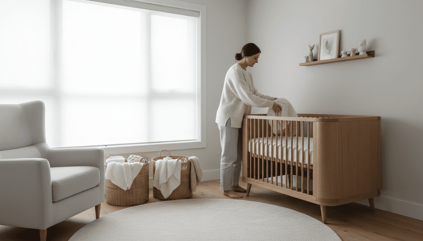 Completed nursery furniture arrangement in a bright bedroom