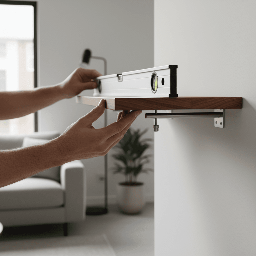 Installer tightening a screw on a finished wooden bookshelf in a bright living room