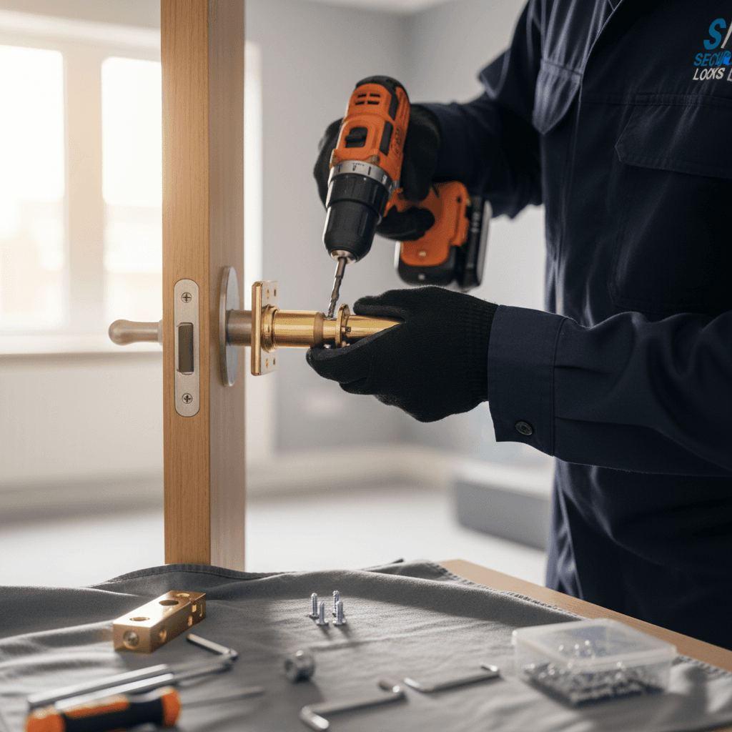 Installer's hands tightening a cam lock with a cordless drill