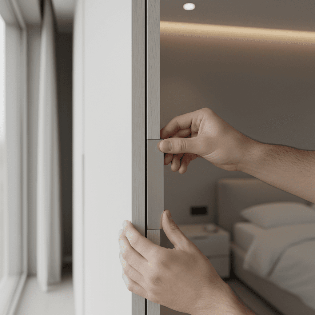Close-up of a wardrobe door hinge being aligned