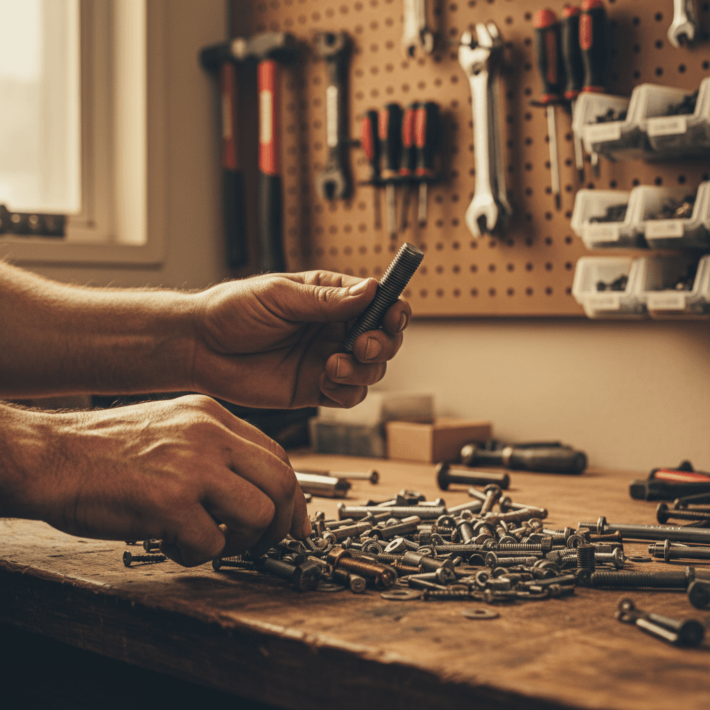 Installer tightening a screw on a furniture piece in a bright room