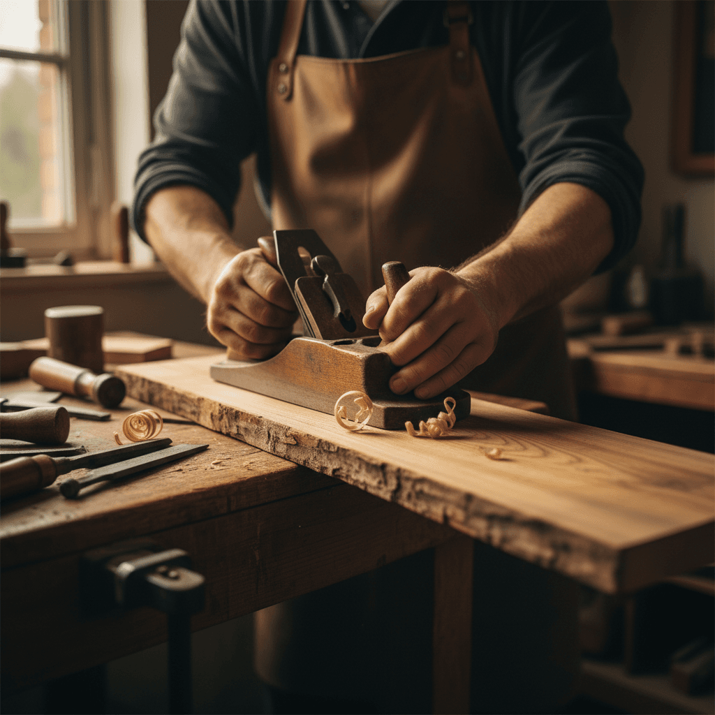 Technician hands tightening a screw on a wooden bed frame