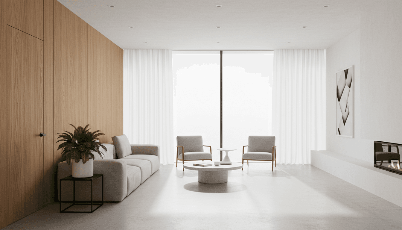 Bright modern living room with fully assembled wooden bookshelf
